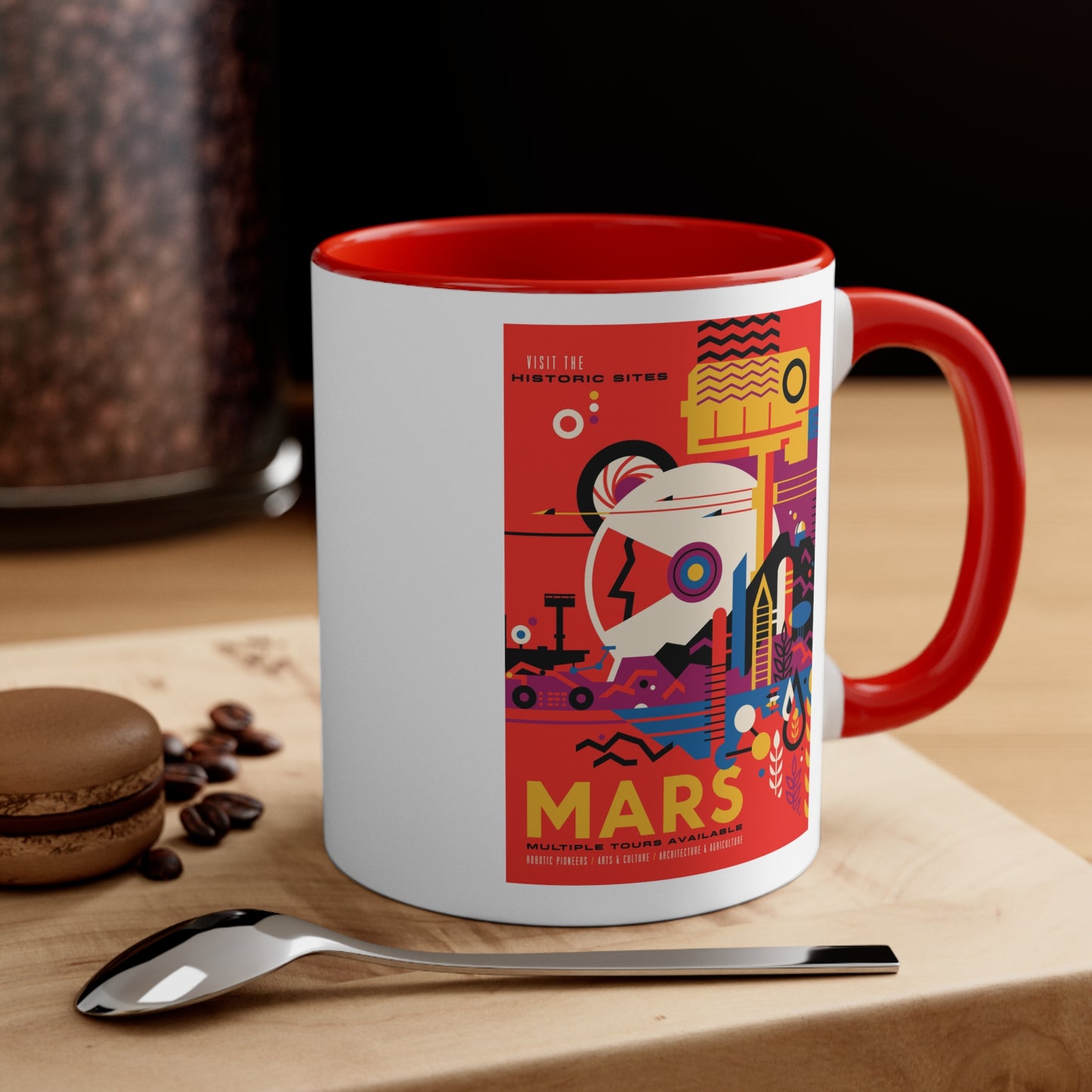 Retrofuturist Mars Space Tourism Accent Coffee Mug, 11oz