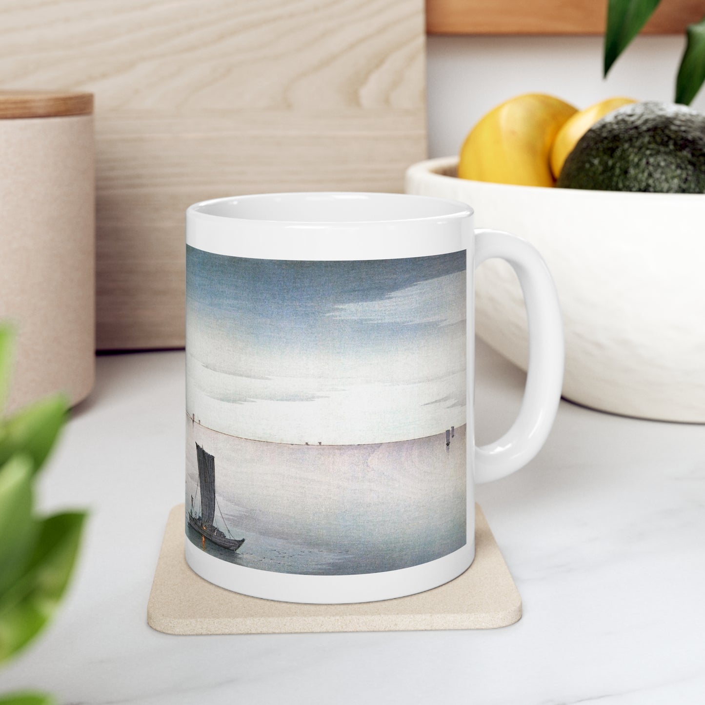 Ships in Harbor Japanese Design Ceramic Mug 11oz