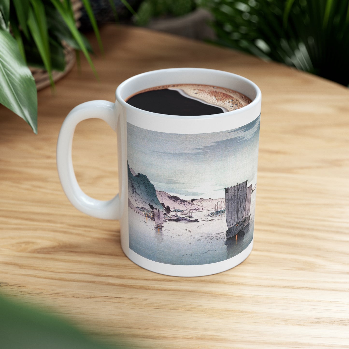 Ships in Harbor Japanese Design Ceramic Mug 11oz